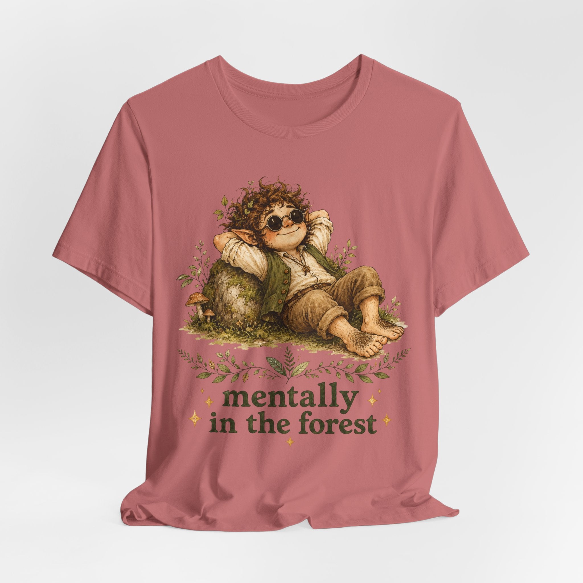 Mentally In The Forest T-Shirt flat lay Athletic Heather - unisex crew neck cottagecore forest graphic tee, Barely Outdoorsy