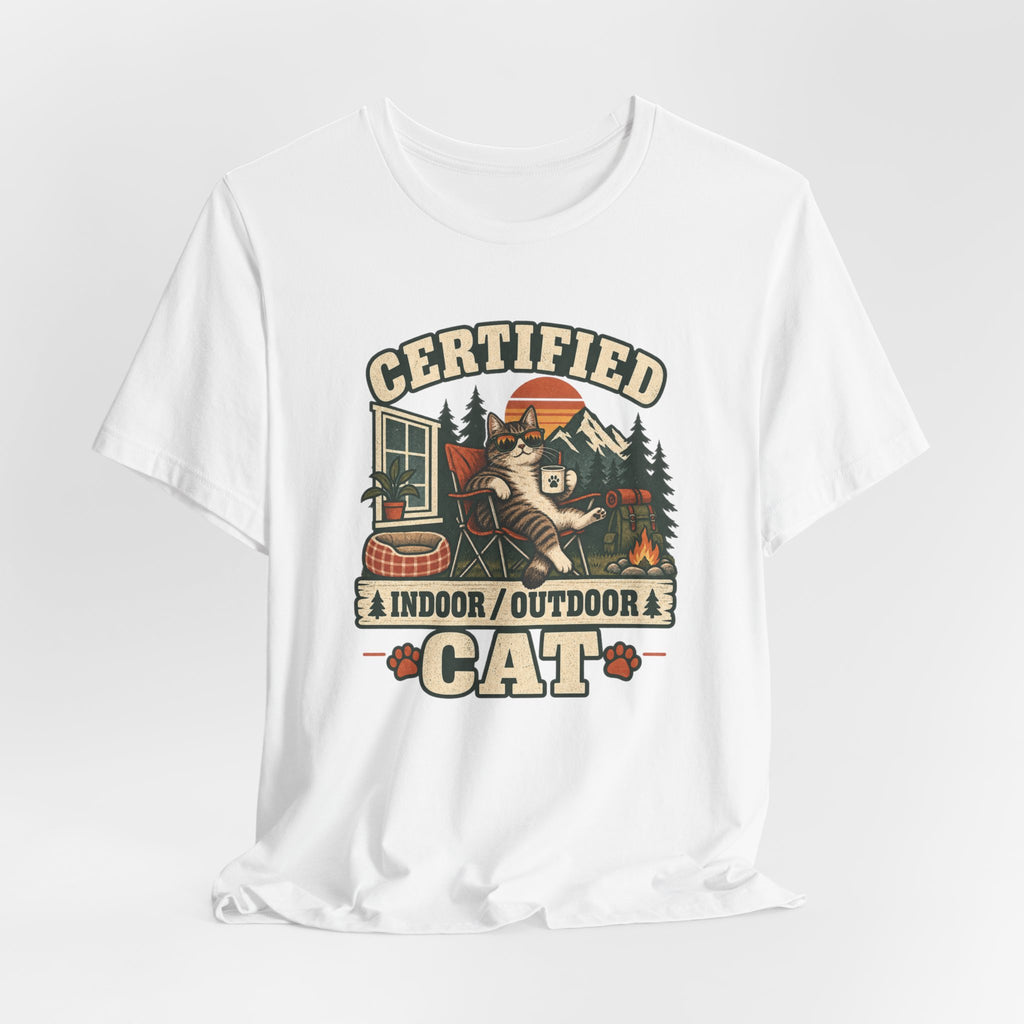 Certified Indoor Outdoor Cat T-Shirt in Athletic Heather - funny indoor outdoor cat nature humor graphic tee, Barely Outdoorsy Bella Canvas 3001