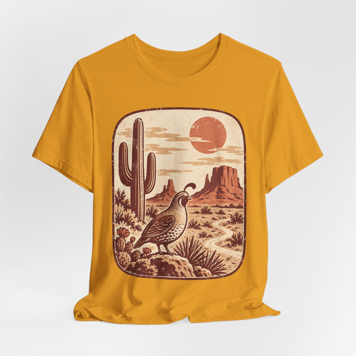 Gambel's Quail Desert Sunset Tee in Heather Peach - quail desert sunset shirt, Barely Outdoorsy Bella Canvas 3001