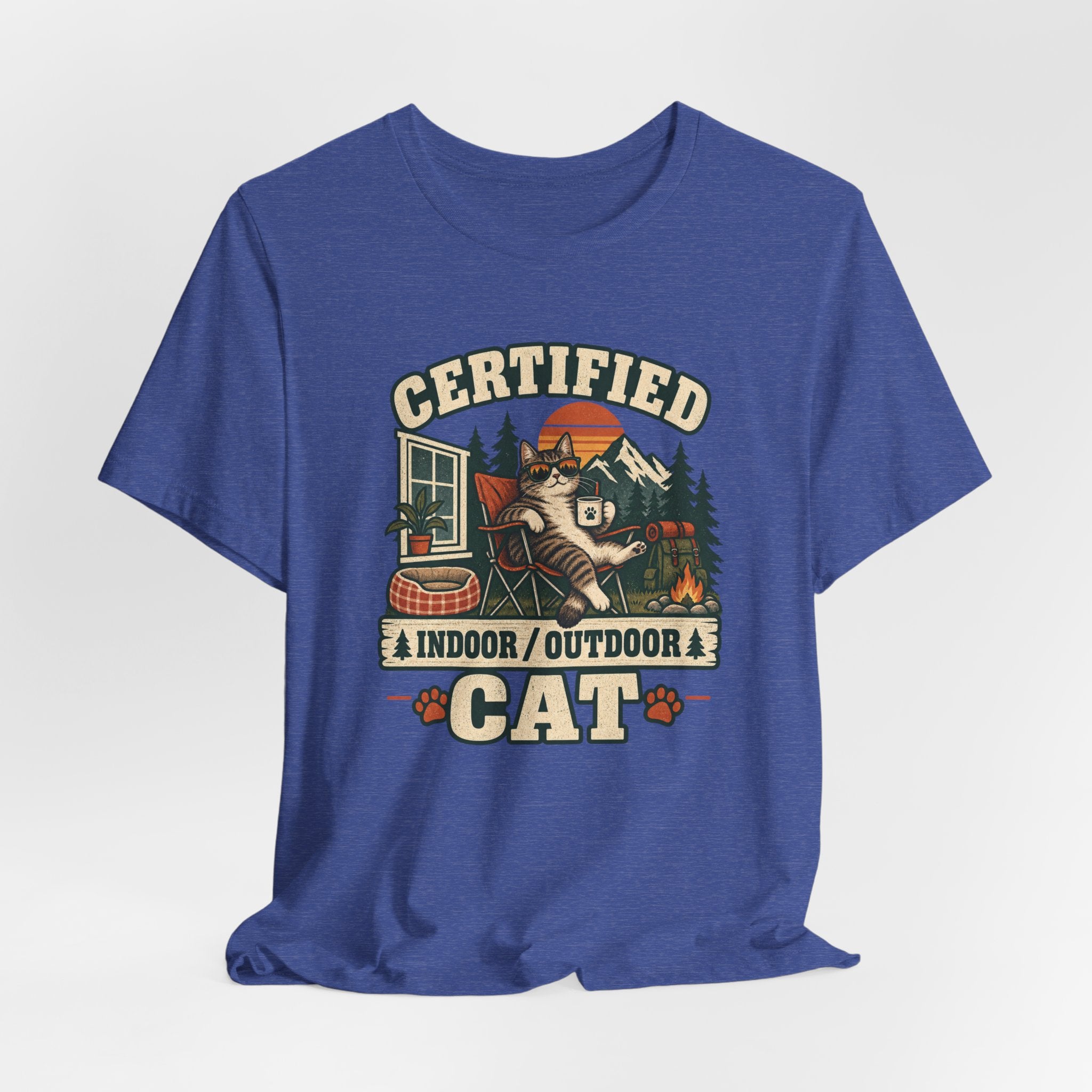 Certified Indoor Outdoor Cat T-Shirt in Heather Prism Lilac - funny certified cat outdoor graphic tee, Barely Outdoorsy