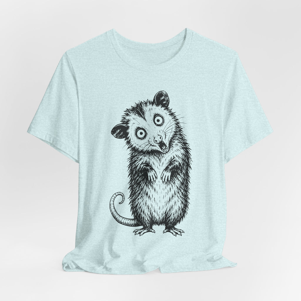 Unhinged Opossum T-Shirt in Athletic Heather - funny unhinged possum humor graphic tee, Barely Outdoorsy Bella Canvas 3001