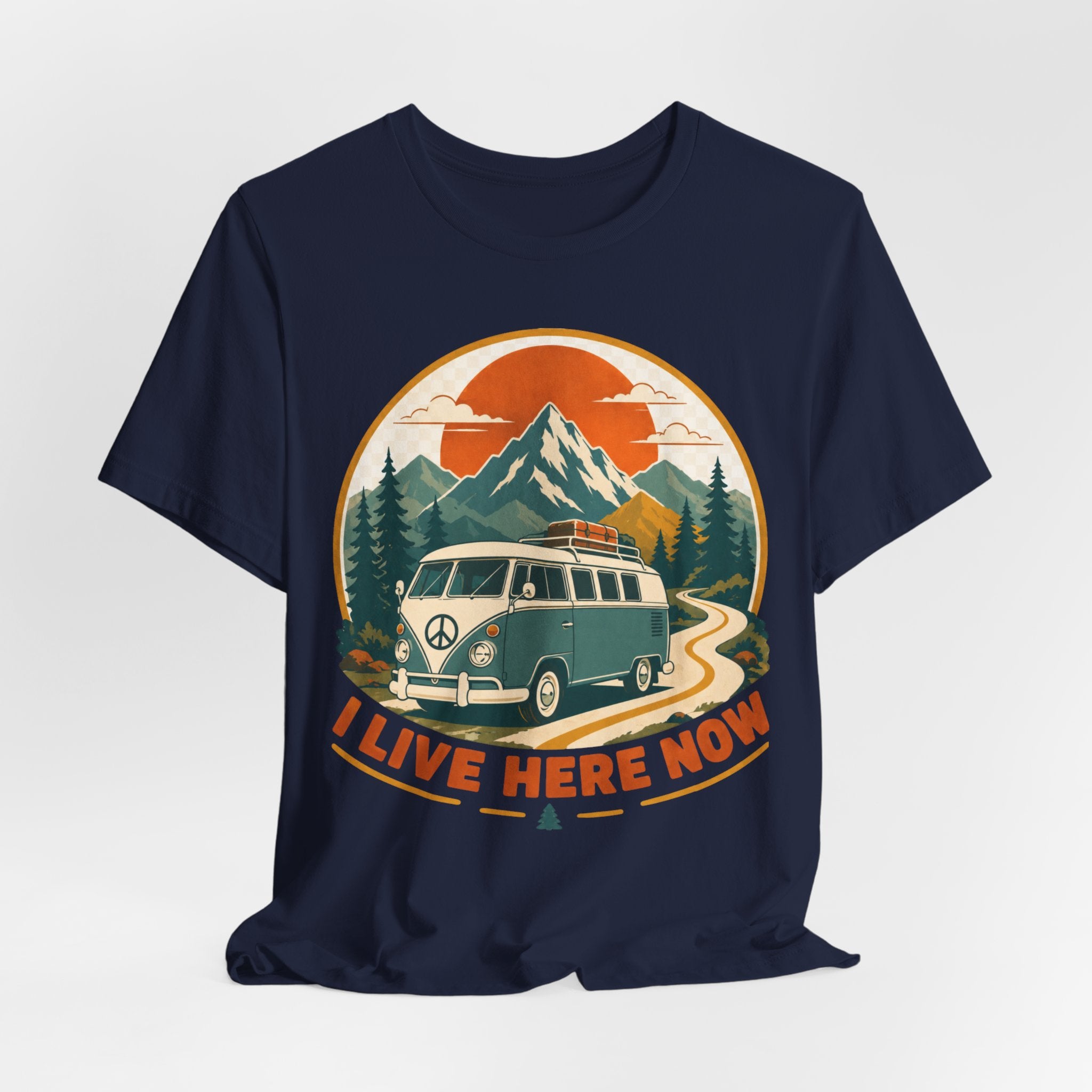 I Live Here Now T-Shirt in Navy detail - retro camper van peace sign mountain close-up graphic
