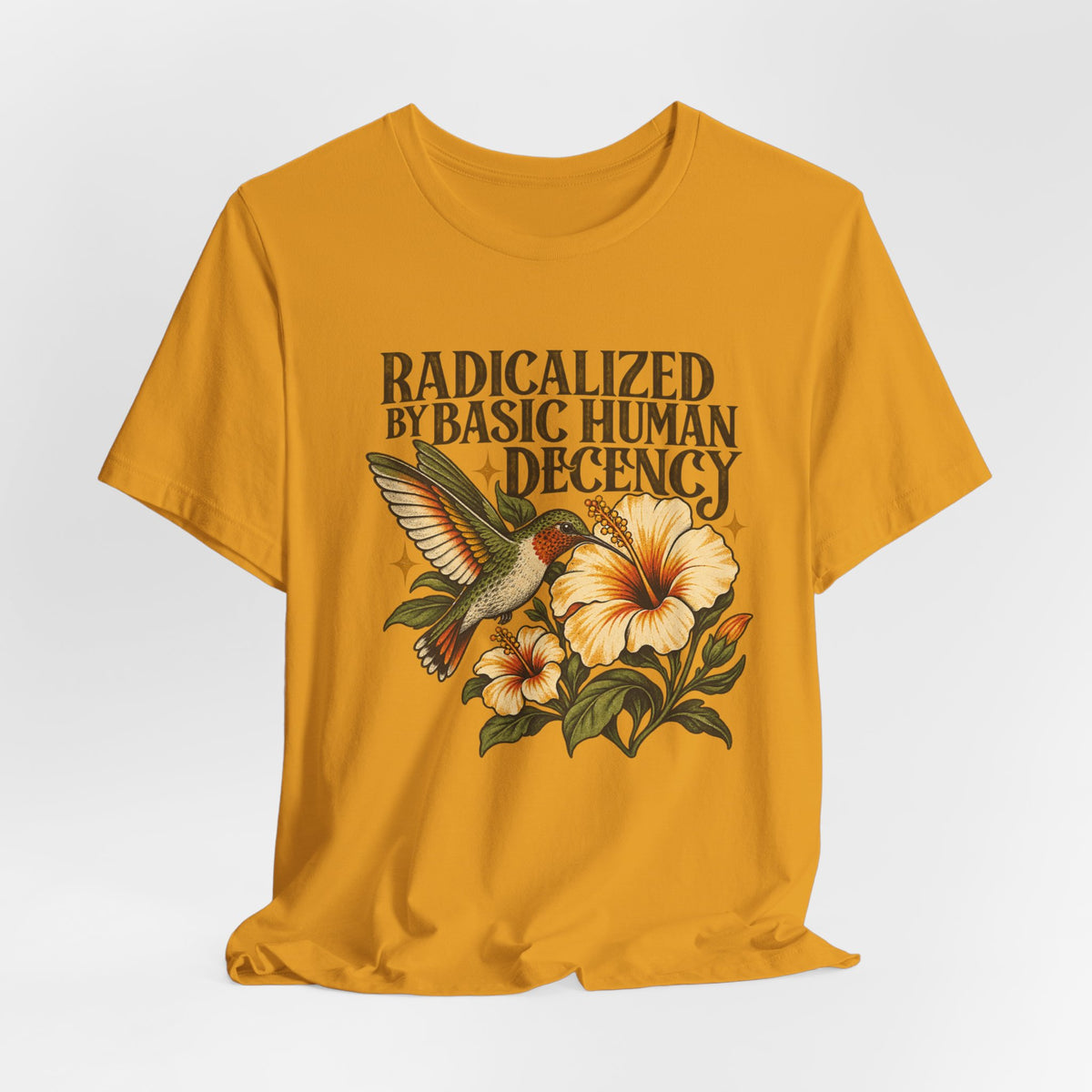 Radicalized by Basic Human Decency T-Shirt in Heather Stone - funny political humor radicalized basic human decency graphic tee, Barely Outdoorsy