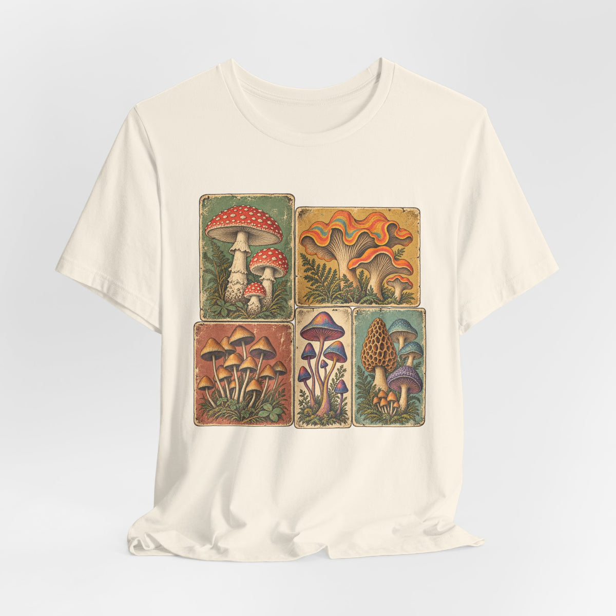 Favorite Mushroom Cards T-Shirt in Heather Green - goblincore psychedelic mushroom card deck fungi graphic tee, Barely Outdoorsy Bella Canvas 3001