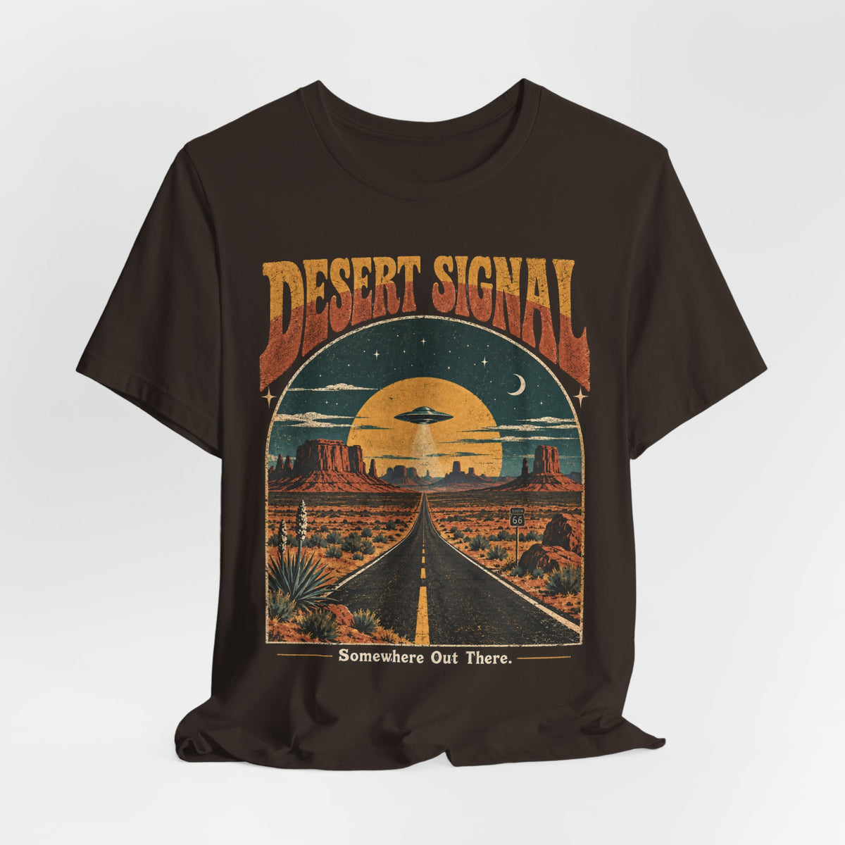 Desert Signal UFO Highway Tee in Black Heather - retro UFO desert highway shirt, Barely Outdoorsy Bella Canvas