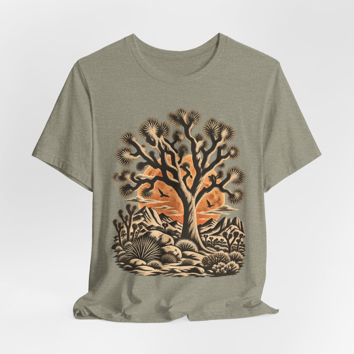 Joshua Tree Desert Sunset T-Shirt in Heather Green - California Joshua tree desert graphic tee, Barely Outdoorsy Bella Canvas