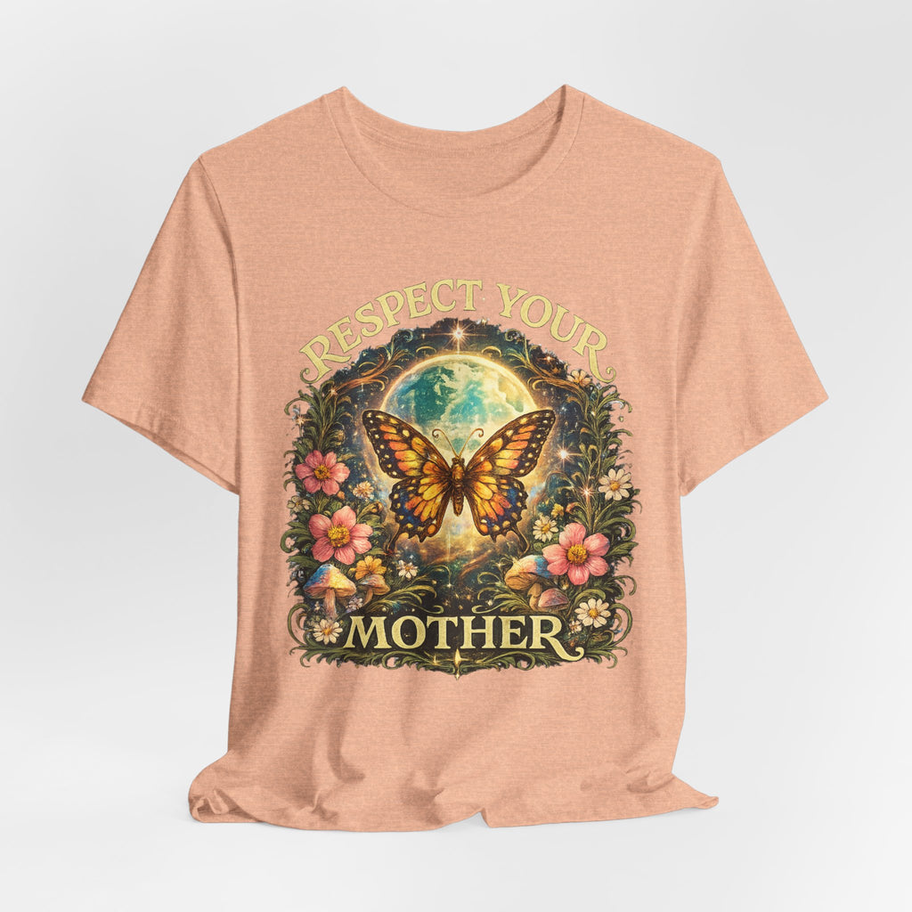 Respect Your Mother Butterfly T-Shirt in Heather True Royal - art nouveau monarch butterfly wildflower graphic tee, Barely Outdoorsy Bella Canvas 3001