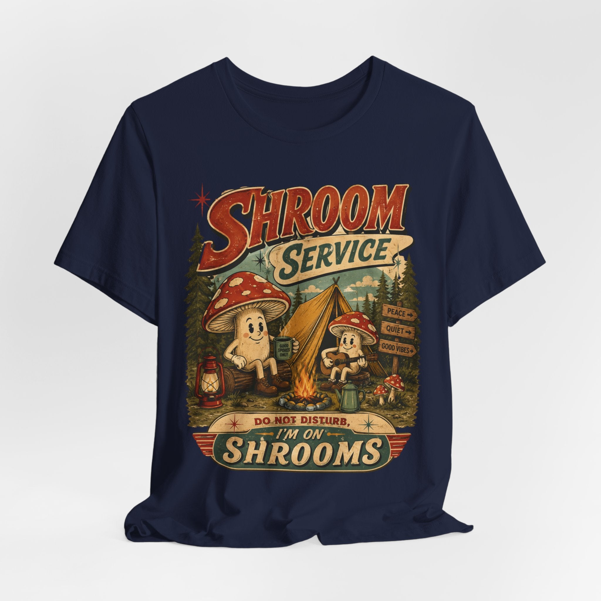 Shroom Service Funny Mushroom Camping T-Shirt in Maroon - retro cartoon mushroom campfire graphic tee, Barely Outdoorsy Bella Canvas 3001