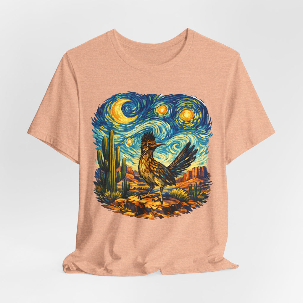 Starry Night Roadrunner Tee in Heather Peach - impressionist roadrunner crescent moon desert shirt, Barely Outdoorsy Bella Canvas