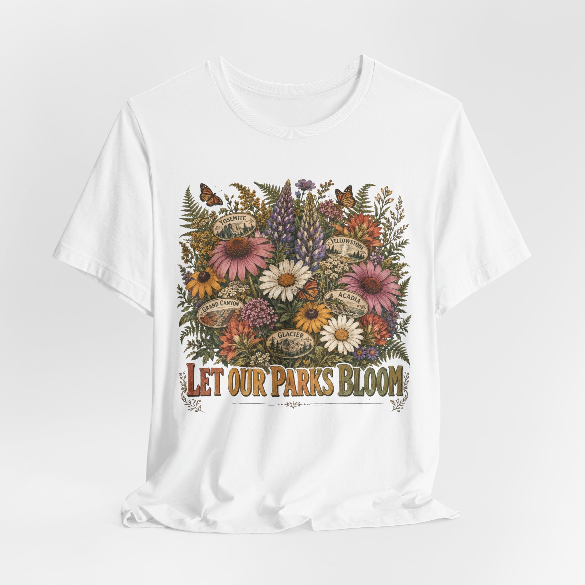 Let Our Parks Bloom Tee in Heather True Royal - five park badges wildflower illustration shirt, Barely Outdoorsy