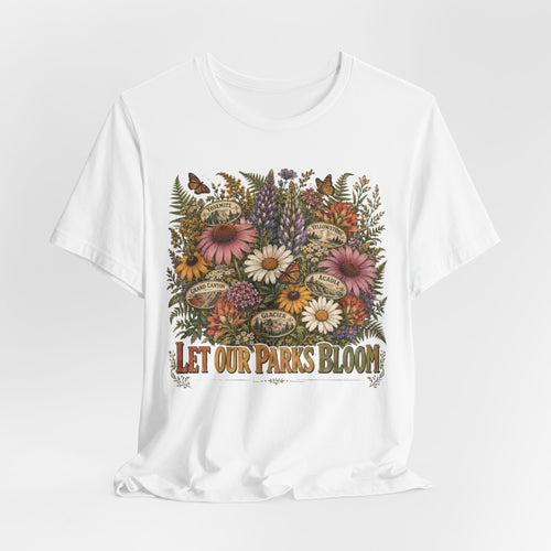 Let Our Parks Bloom Tee in Heather True Royal - five park badges wildflower illustration shirt, Barely Outdoorsy