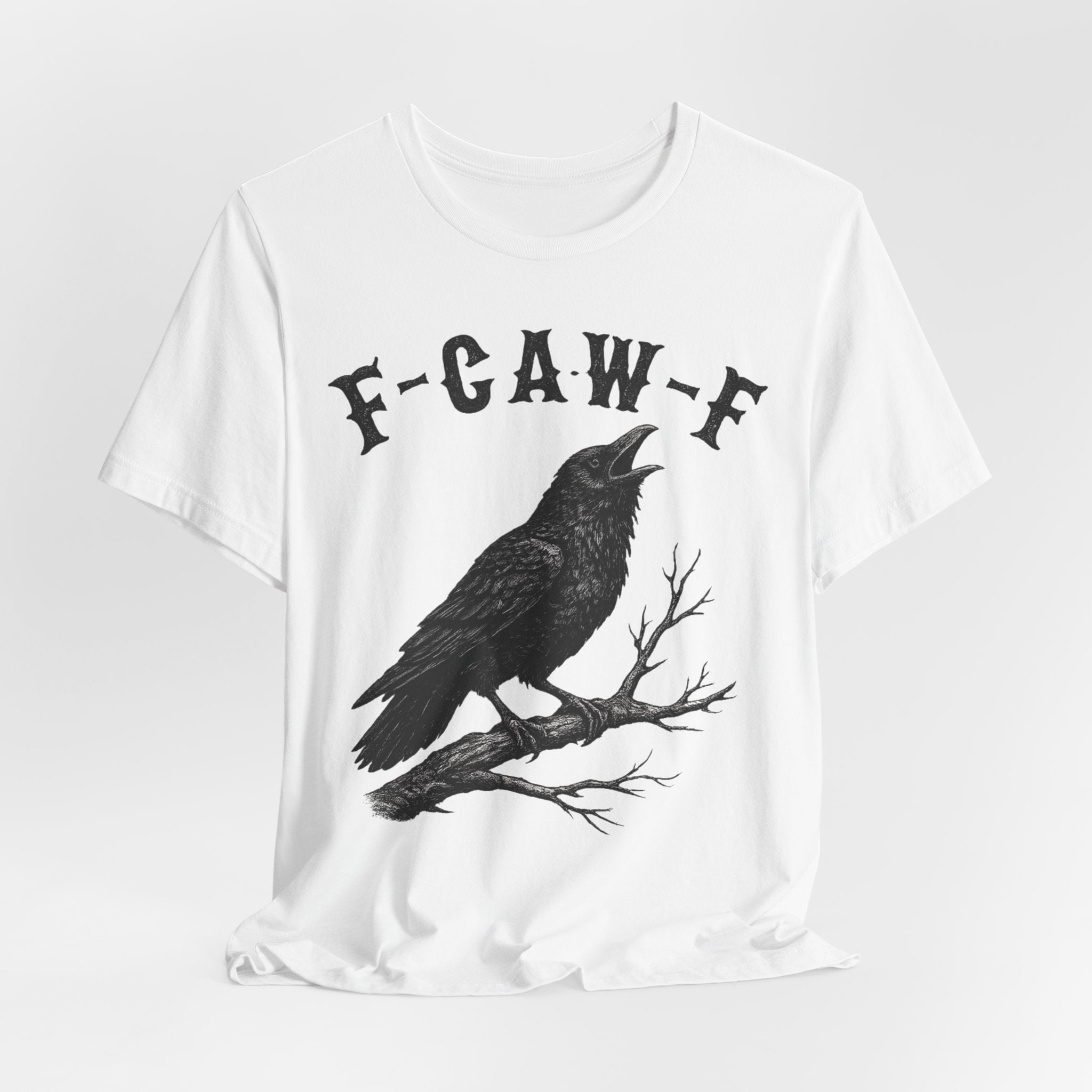 F-CAW-F Funny Crow T-Shirt in White - gothic blackletter crow humor graphic tee, Barely Outdoorsy
