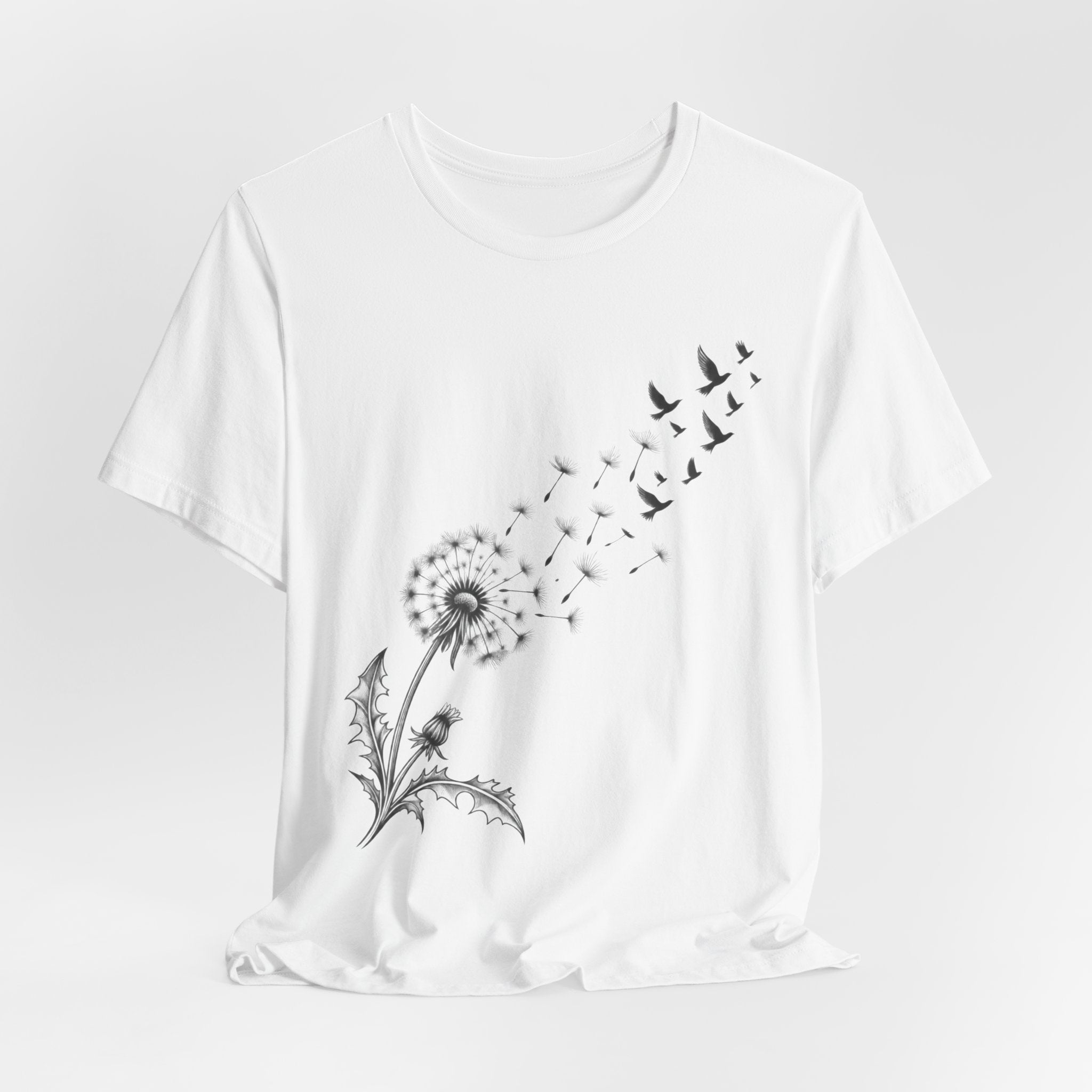 Dandelion Birds Wish T-Shirt in Heather Peach - botanical dandelion birds graphic tee, Barely Outdoorsy Bella Canvas