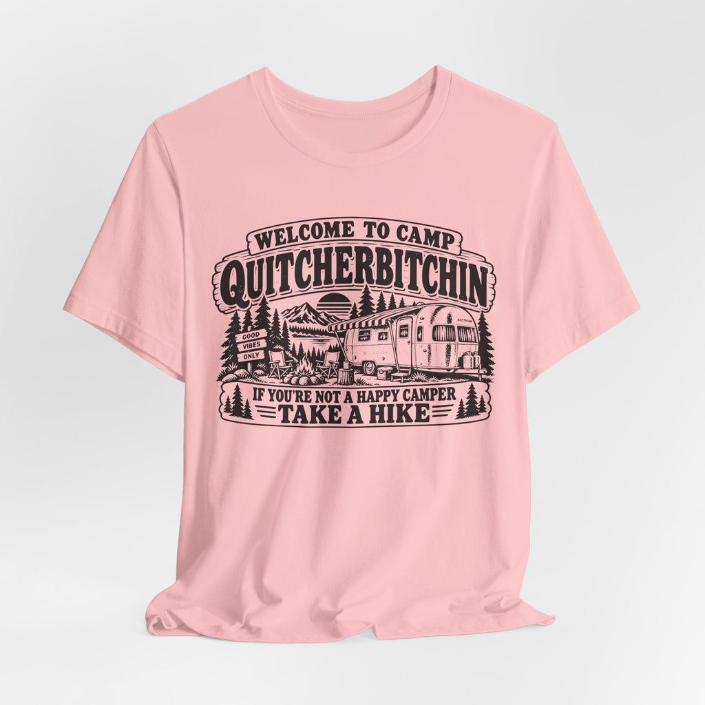 Camp Quitcherbitchin Tee in Heather True Royal detail - funny camp quitcherbitchin close-up graphic