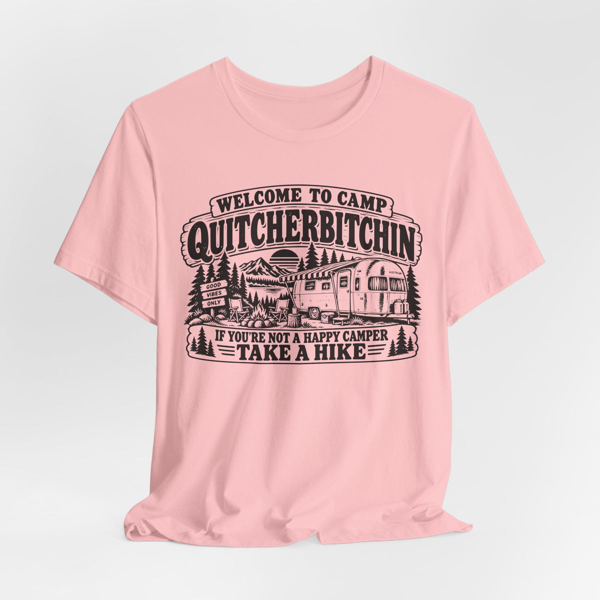 Camp Quitcherbitchin Tee in Heather True Royal detail - funny camp quitcherbitchin close-up graphic