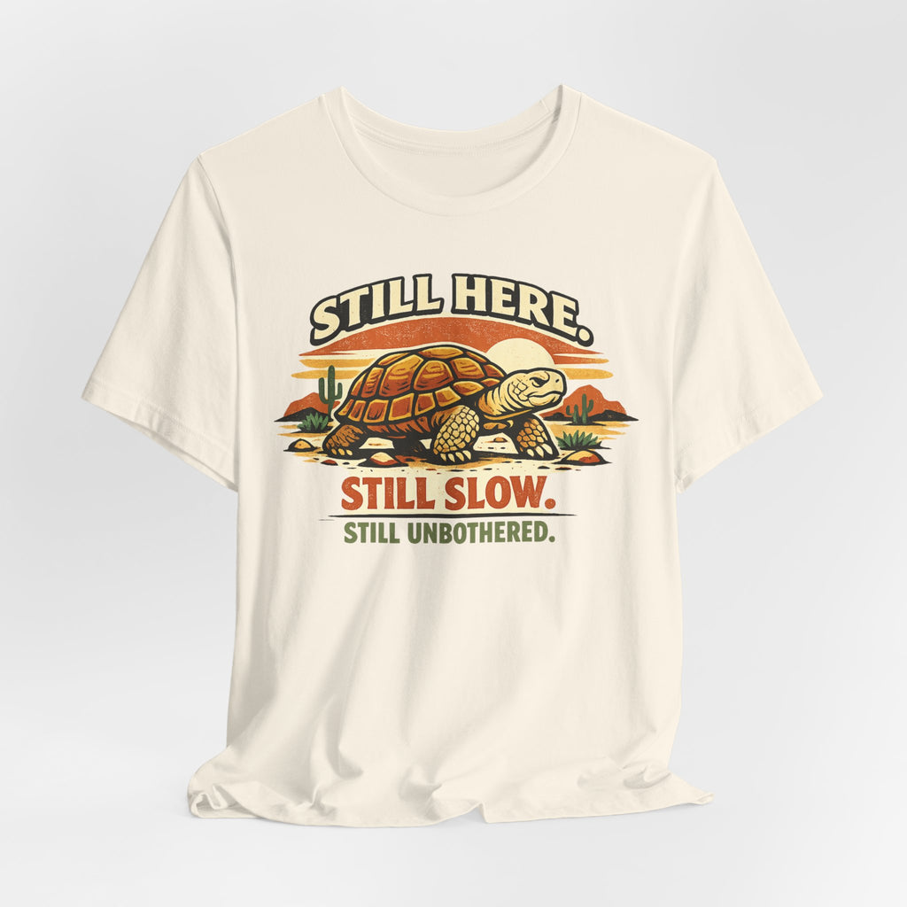 Still Here Still Slow Still Unbothered T-Shirt in Navy - vintage tortoise slow living graphic tee, Barely Outdoorsy Bella Canvas 3001