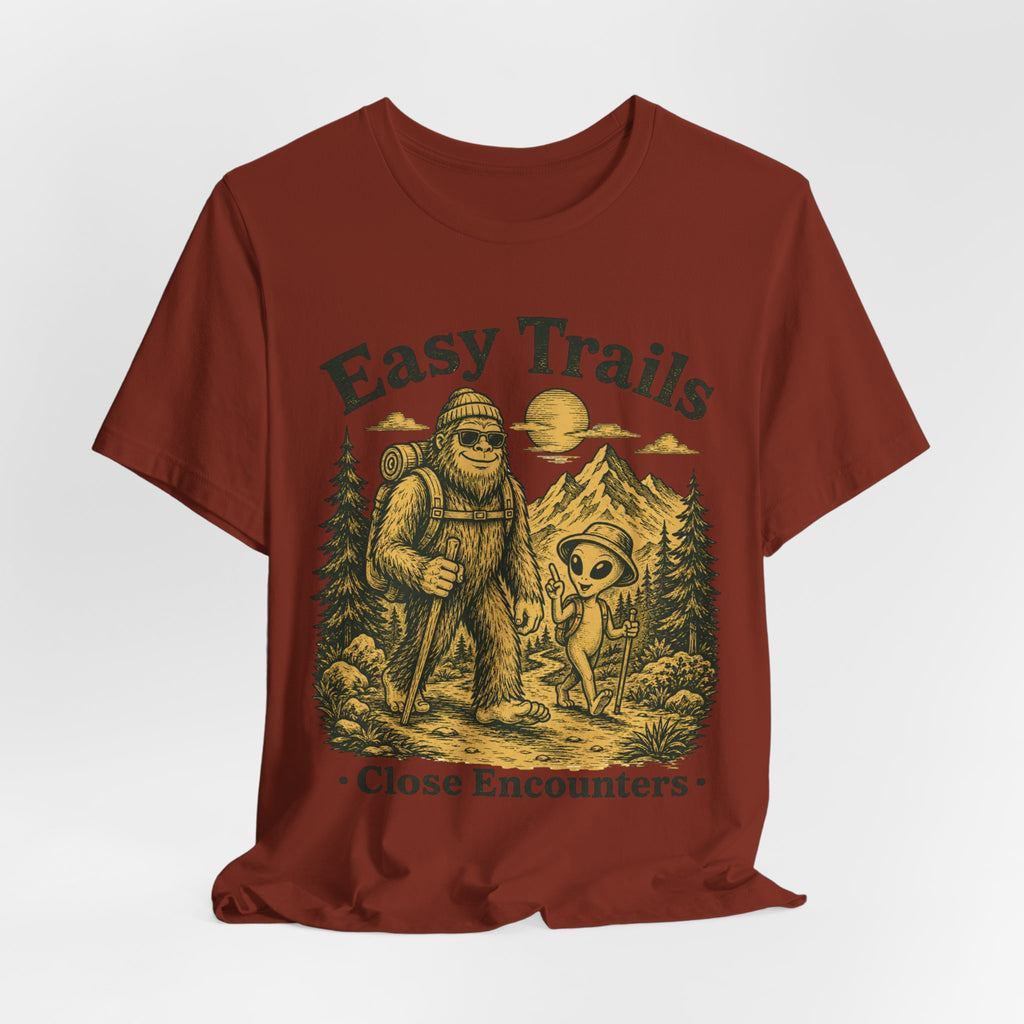 Easy Trails Close Encounters T-Shirt in Heather Green detail - Bigfoot alien hiking woodcut close-up graphic, Barely Outdoorsy