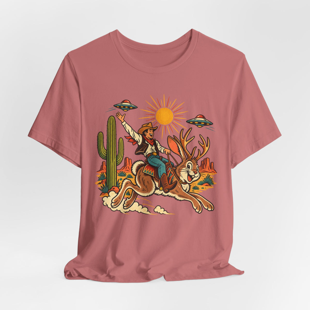 Jackalope Rodeo Rider Tee in Brown - funny jackalope cowboy shirt, Barely Outdoorsy Bella Canvas