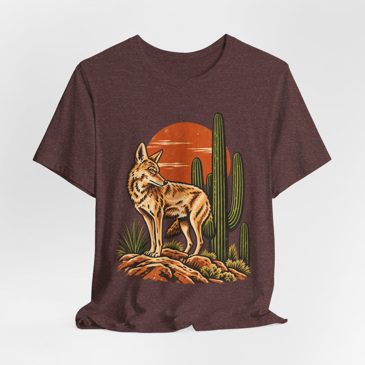 Arizona Coyote Saguaro T-Shirt in Heather Autumn - Arizona desert coyote saguaro Southwest graphic tee, Barely Outdoorsy