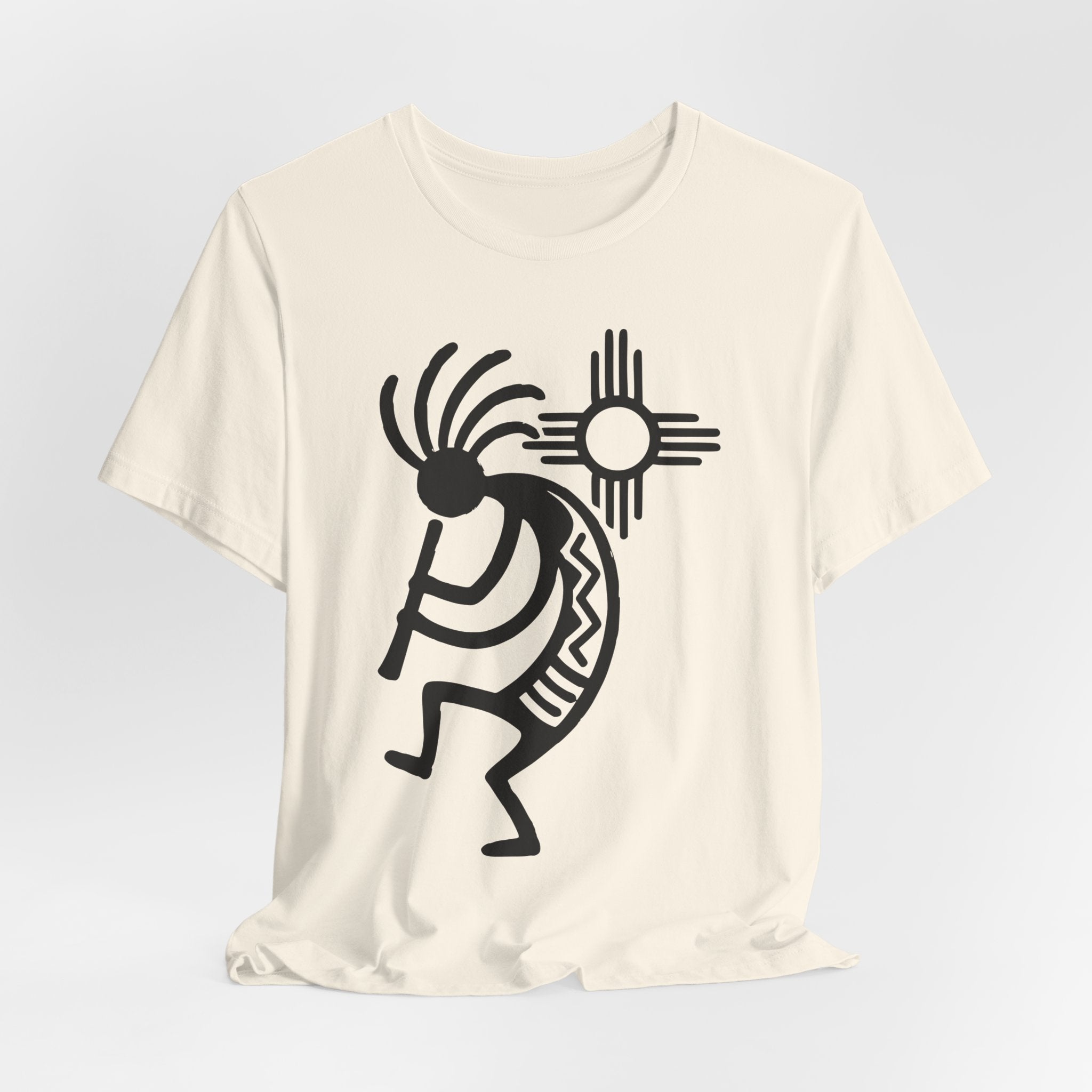 Kokopelli Zia Sun Tee in Heather True Royal - flute player desert sun design, Bella Canvas 3001