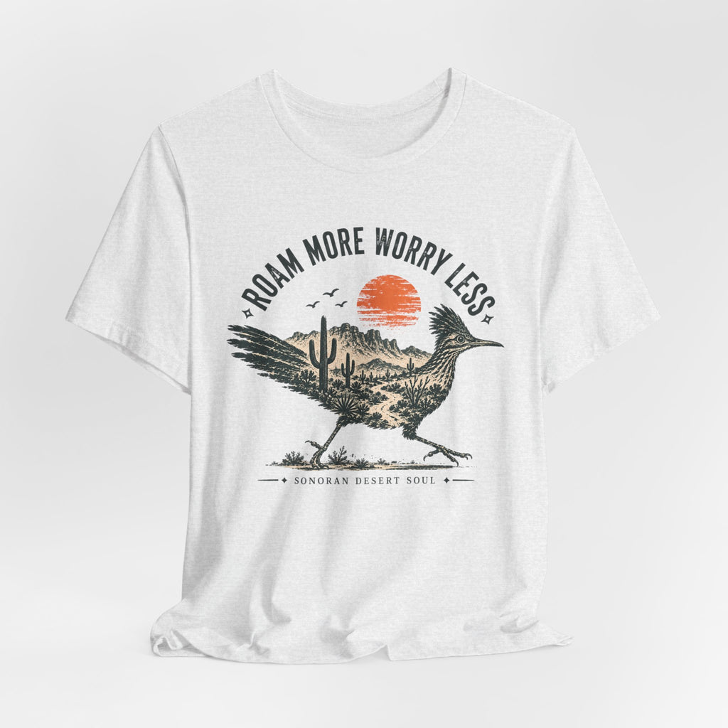 Roam More Worry Less Roadrunner T-Shirt in White detail - roadrunner roam more close-up graphic, Barely Outdoorsy Bella Canvas