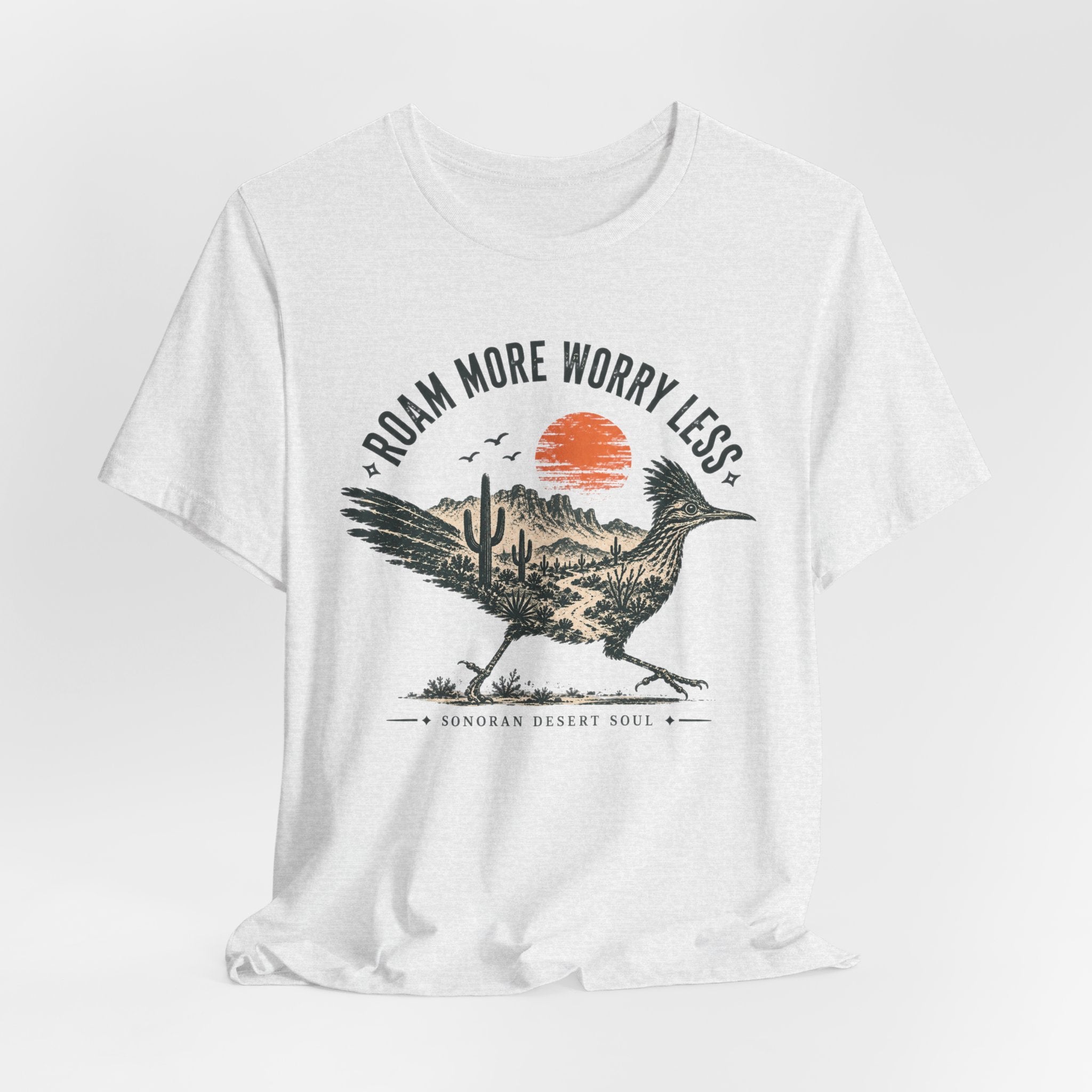 Roam More Worry Less Roadrunner T-Shirt in White detail - roadrunner roam more close-up graphic, Barely Outdoorsy Bella Canvas