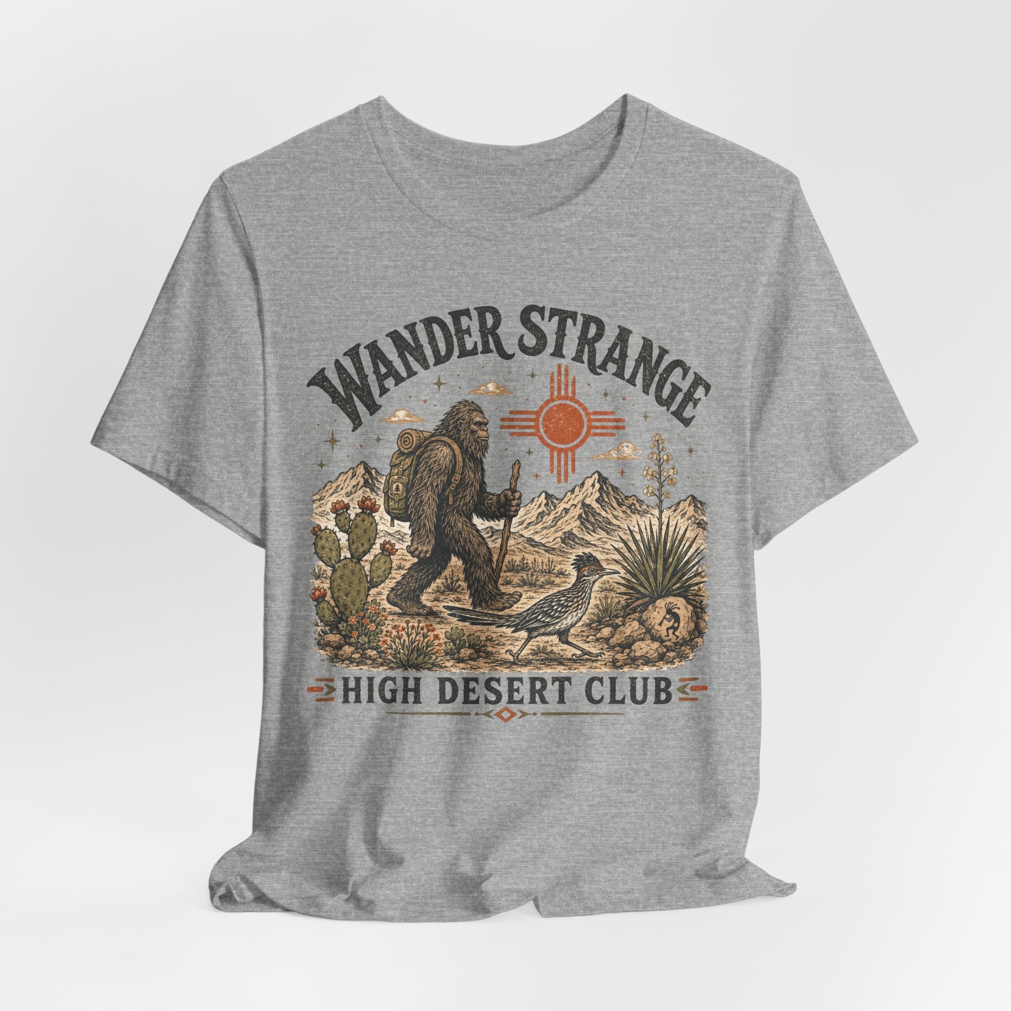 Wander Strange High Desert Club Tee in White - retro Bigfoot desert club badge shirt, Barely Outdoorsy Bella Canvas 3001