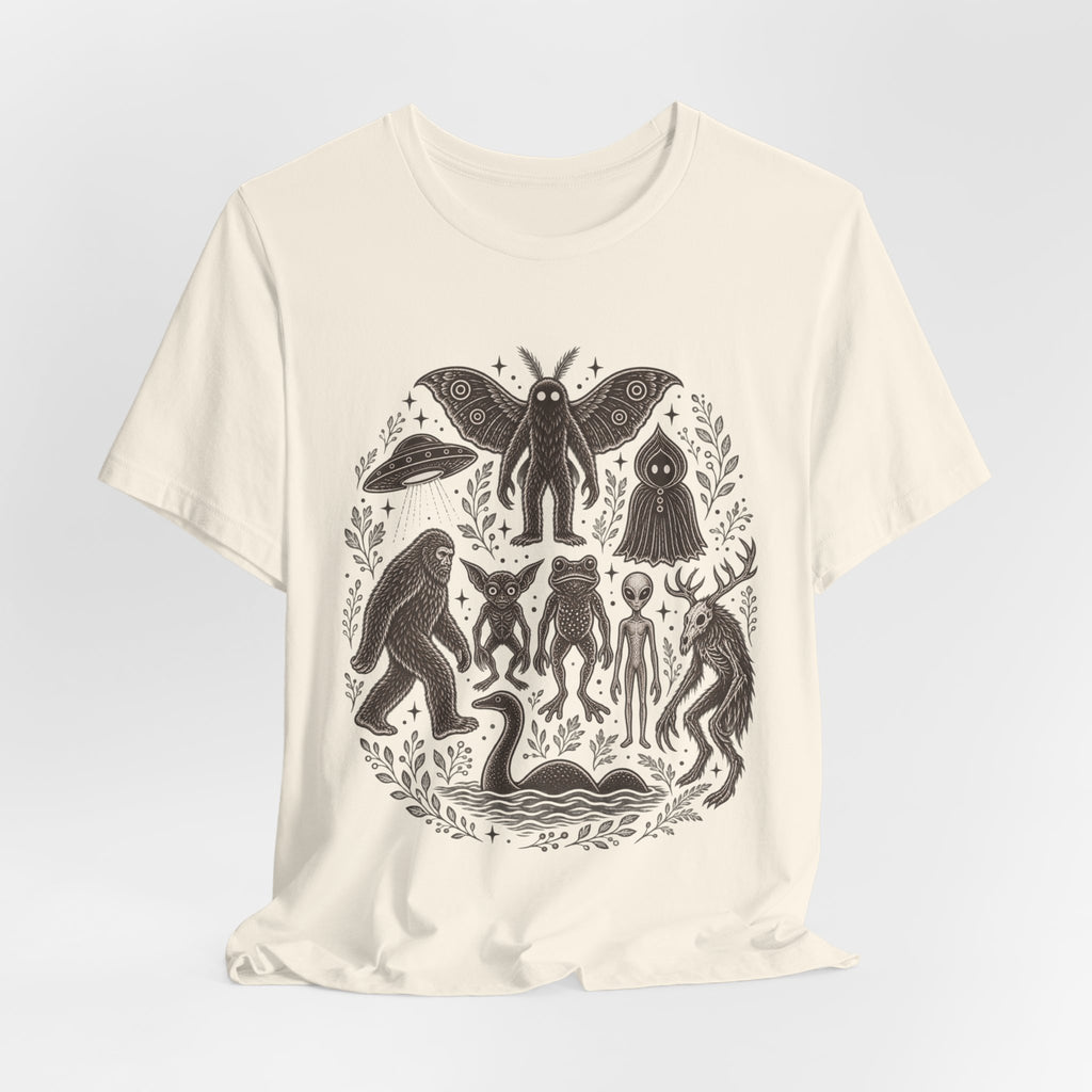 Legendary Cryptid Roster Tee in Heather True Royal - funny cryptid lineup humor shirt, Barely Outdoorsy