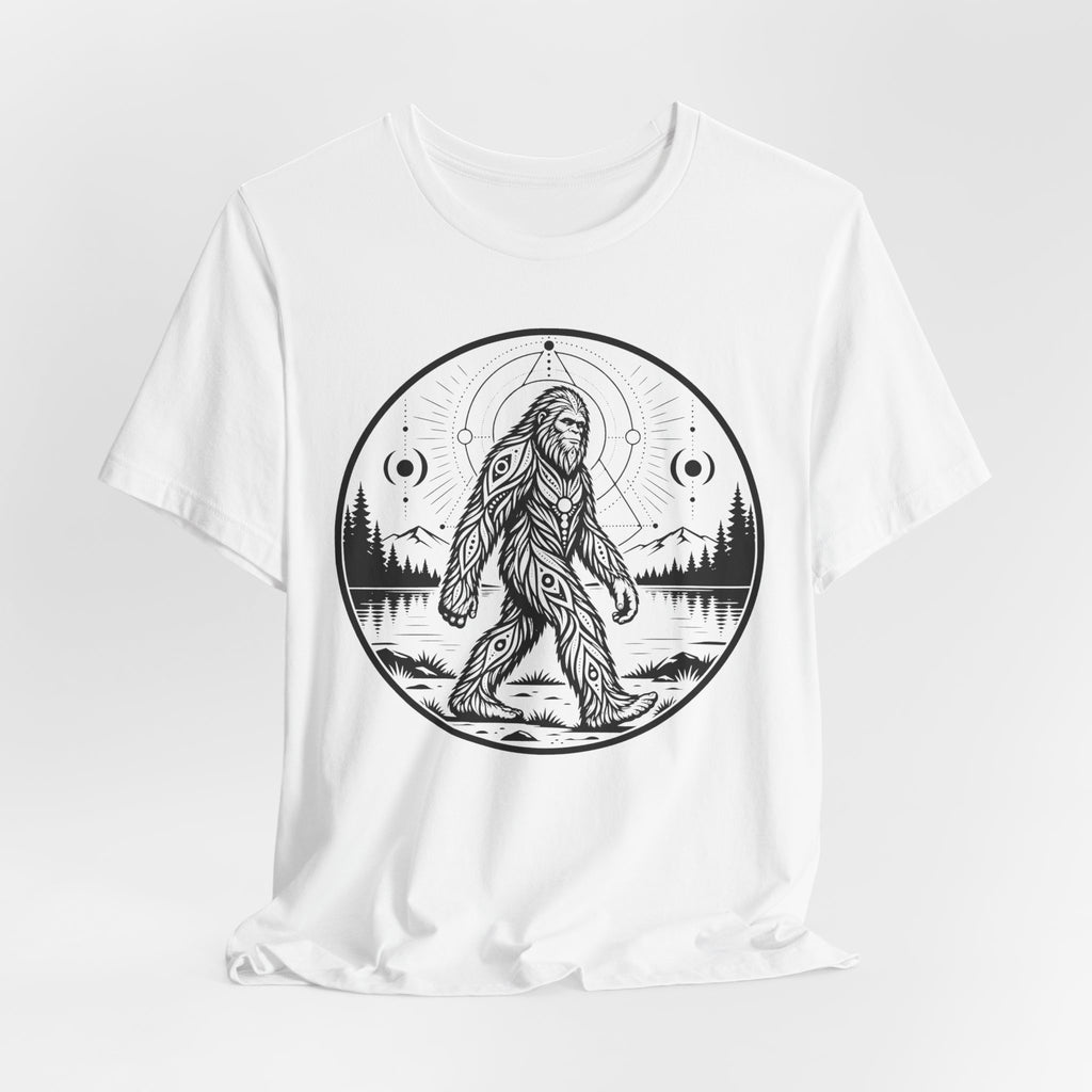Celestial Bigfoot T-Shirt in Heather Ice Blue - celestial Sasquatch moon graphic tee, Barely Outdoorsy