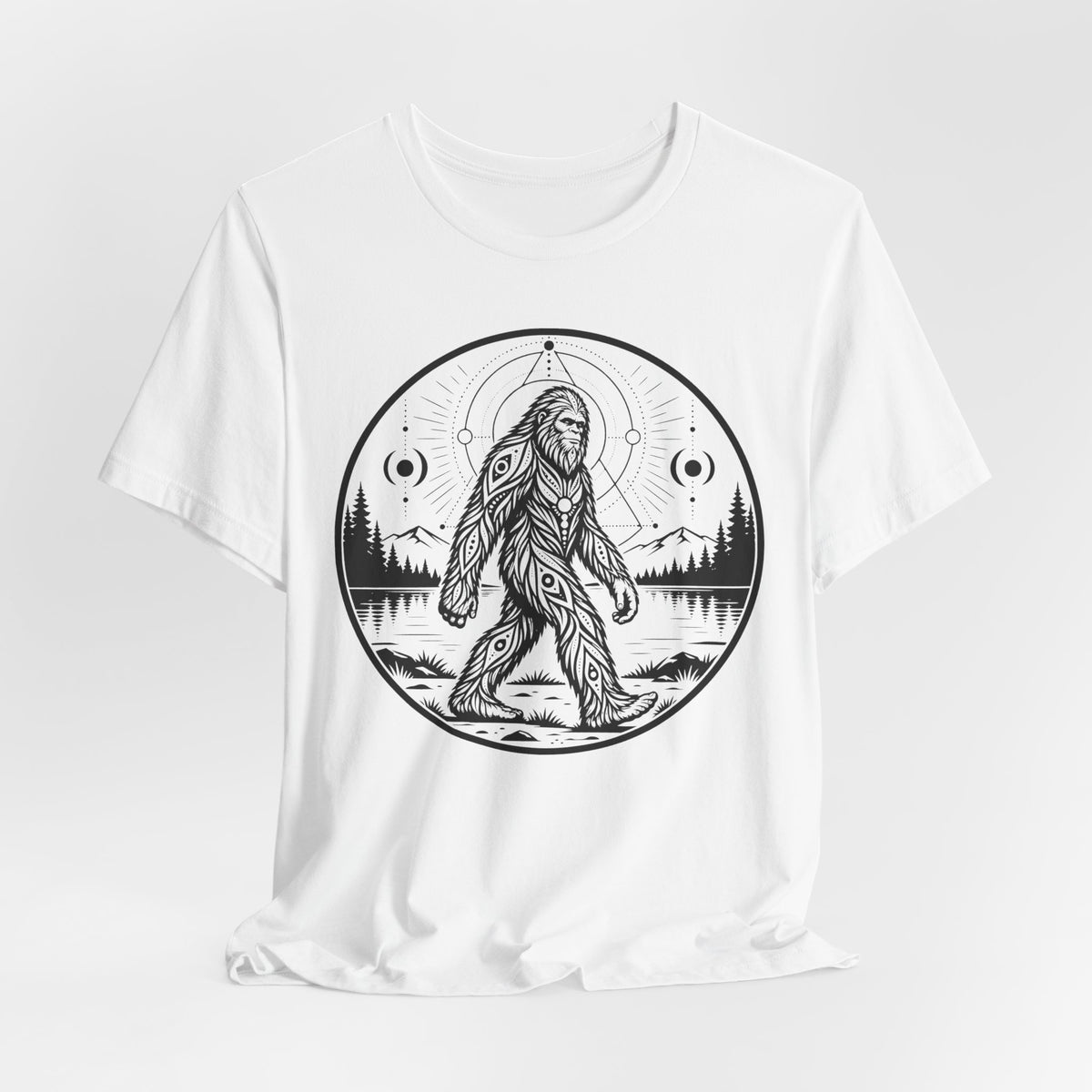 Celestial Bigfoot T-Shirt in Heather Ice Blue - celestial Sasquatch moon graphic tee, Barely Outdoorsy