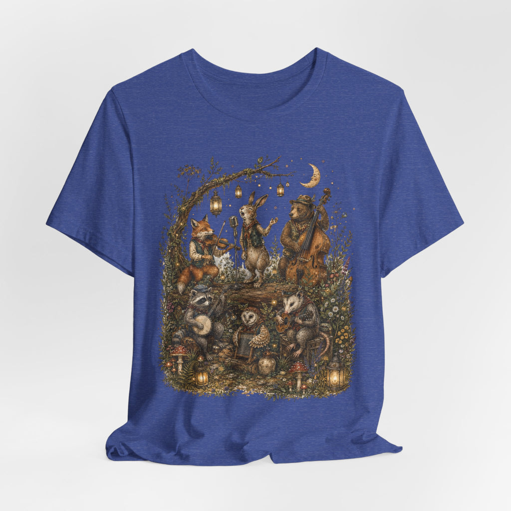 Woodland Band Moonlight Concert Tee in Dark Grey Heather detail - woodland creatures concert close-up graphic