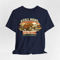 Still Here Still Slow Still Unbothered Tee in Black Heather - funny tortoise hiking club shirt, Barely Outdoorsy Bella Canvas 3001