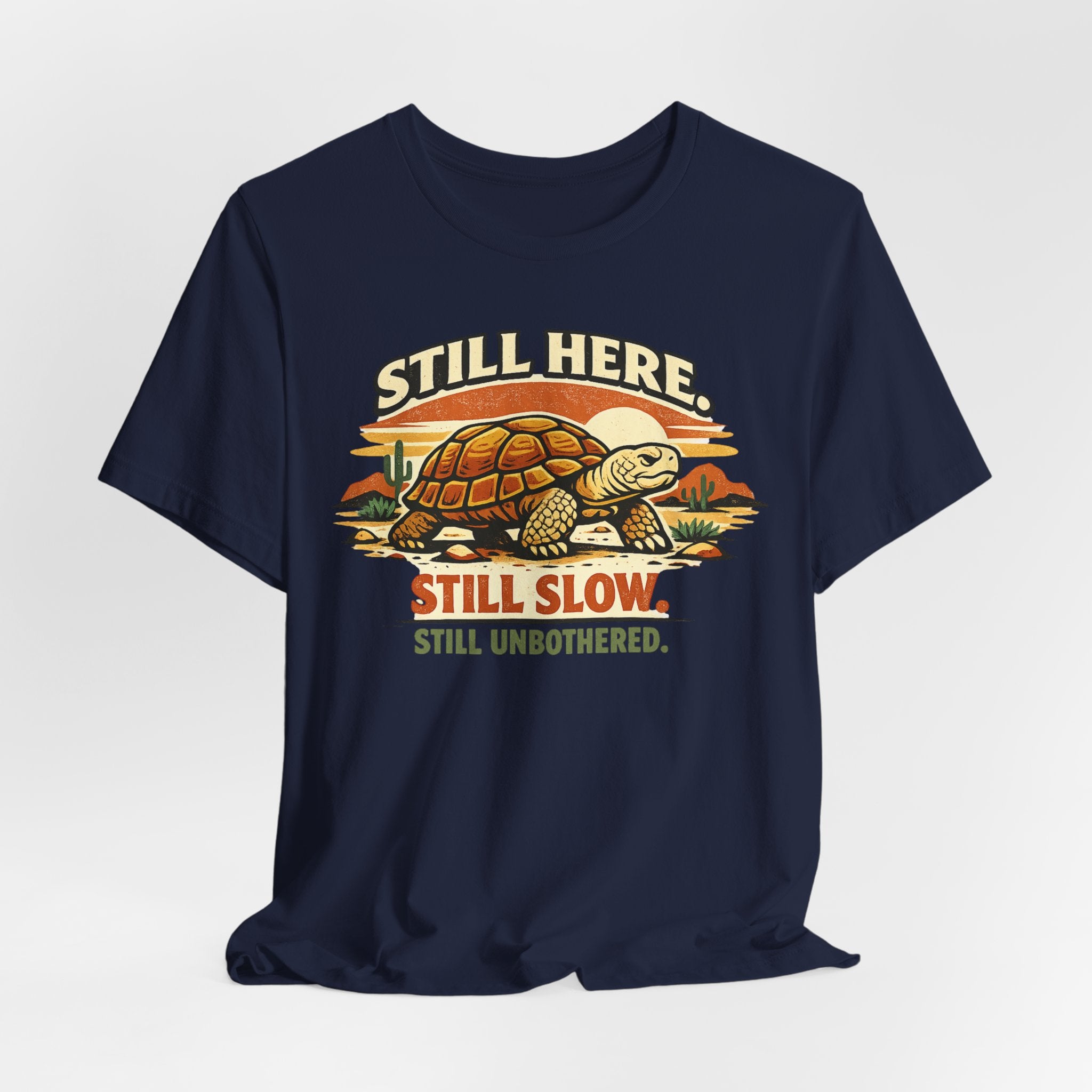 Still Here Still Slow Still Unbothered Tee in Black Heather - funny tortoise hiking club shirt, Barely Outdoorsy Bella Canvas 3001