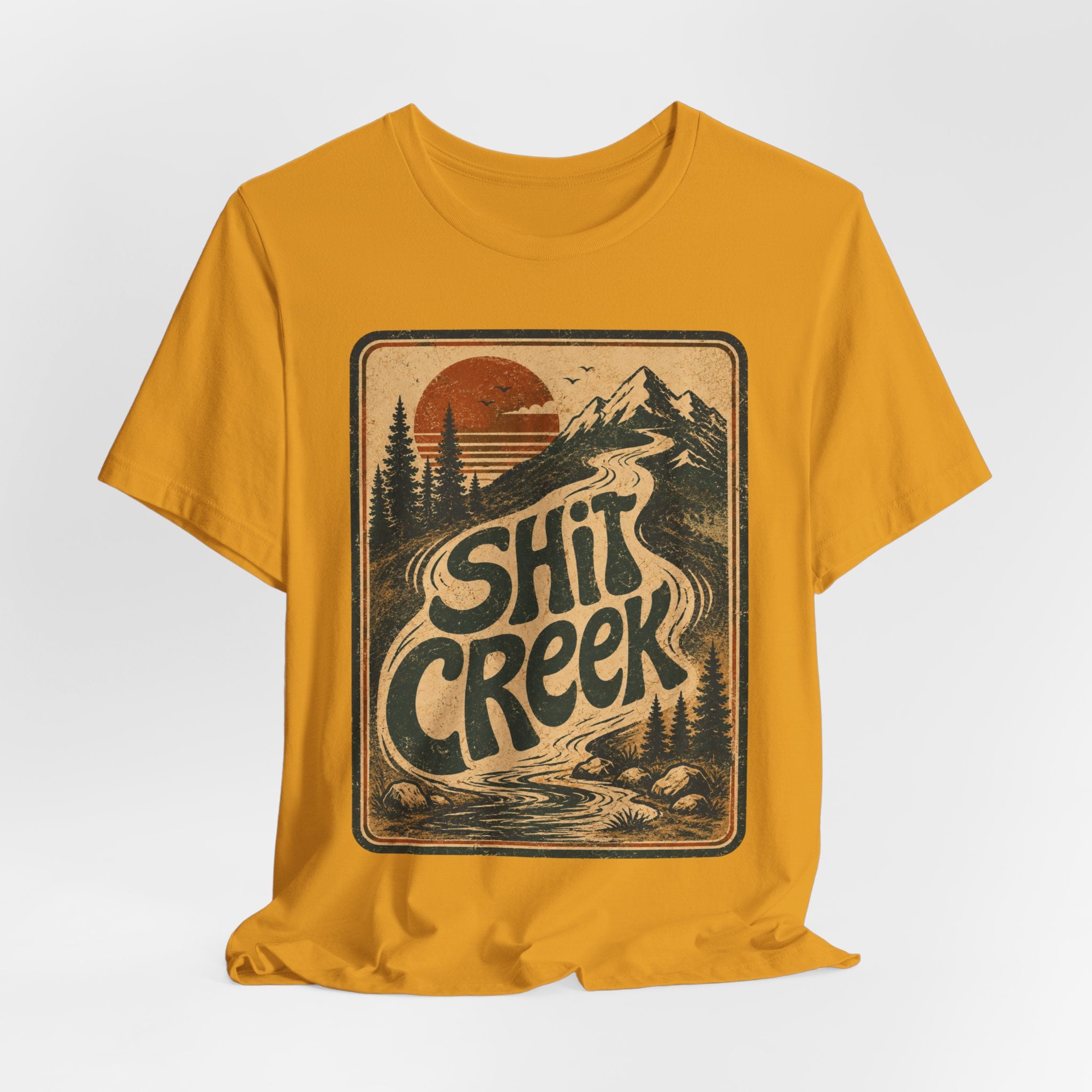 Shit Creek Retro Mountain T-Shirt in Black - funny retro mountain hiking humor graphic tee, Barely Outdoorsy Bella Canvas 3001