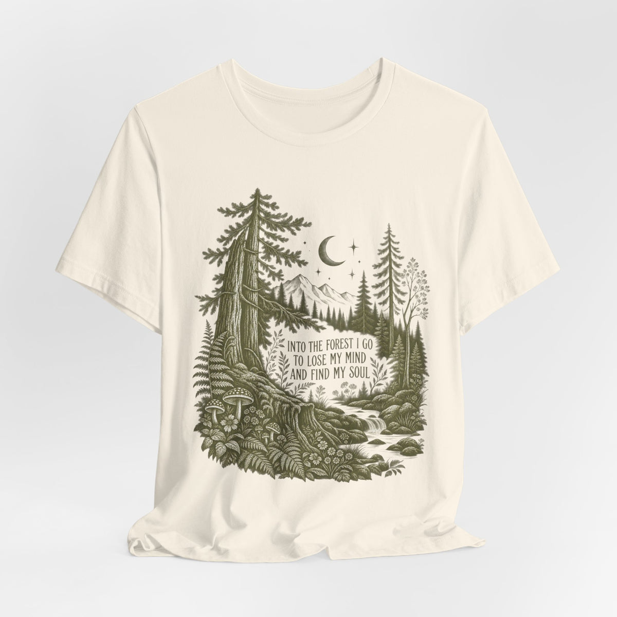 Into the Forest I Go T-Shirt in Heather Ice Blue - forest hiking quote graphic tee, Barely Outdoorsy