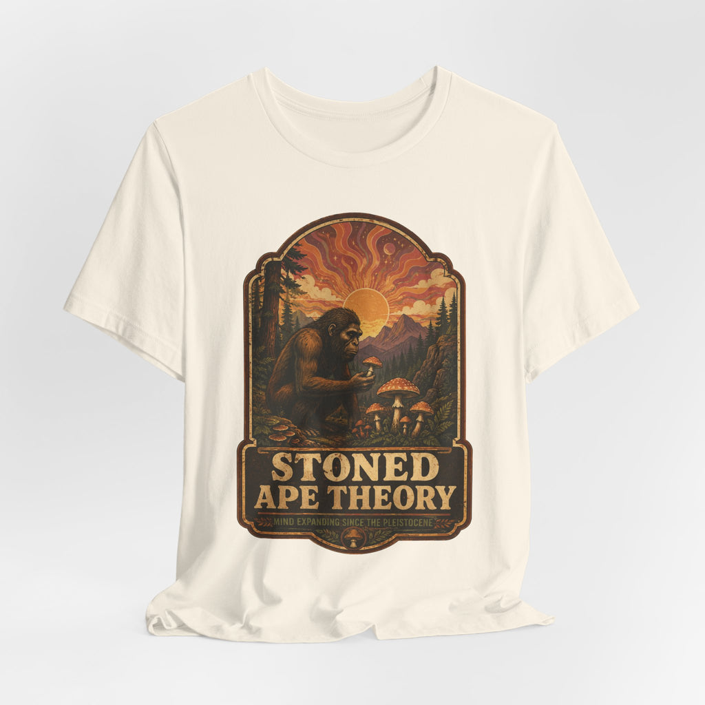 Stoned Ape Theory Tee in Black flat lay - funny evolution mushroom pun unisex crew neck shirt