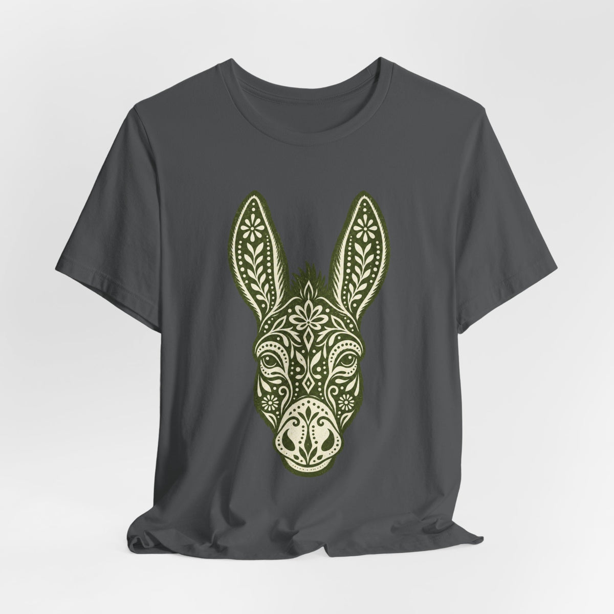 Ornamental Folk Art Donkey T-Shirt in Asphalt - funny folk art ornamental donkey wildlife graphic tee, Barely Outdoorsy Bella Canvas 3001