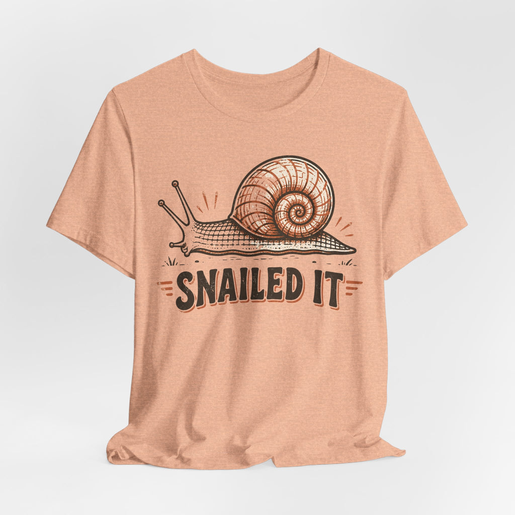 Snailed It T-Shirt in Heather Prism Lilac - funny slow living snail pun graphic tee, Barely Outdoorsy Bella Canvas