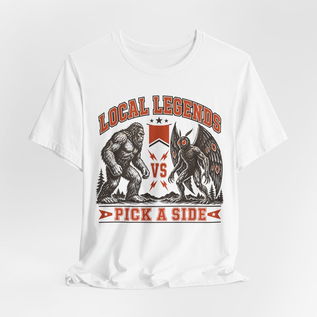 Local Legends Bigfoot vs Mothman Tee in White - pick a side cryptid VS lightning bolt graphic shirt, Barely Outdoorsy