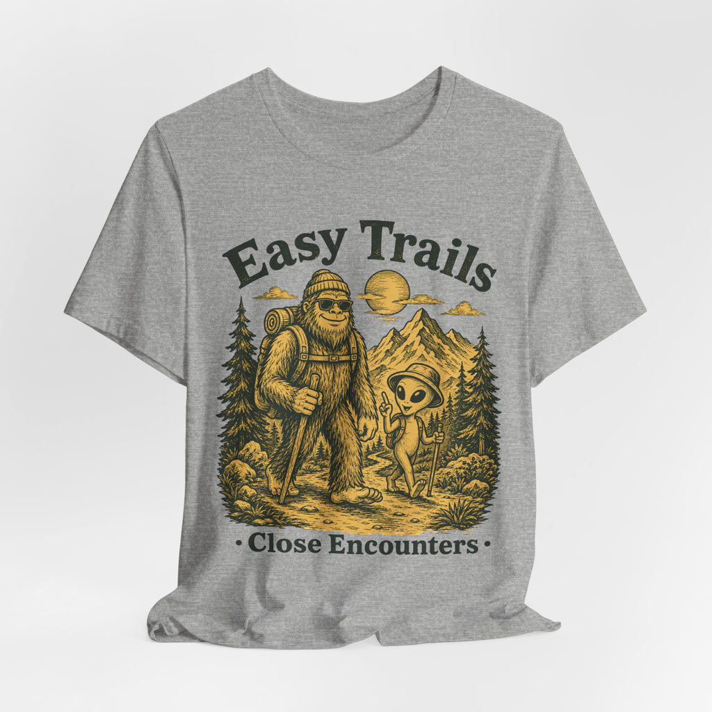 Easy Trails Close Encounters T-Shirt in Athletic Heather - retro Bigfoot alien hiking duo woodcut graphic tee, Barely Outdoorsy Bella Canvas 3001