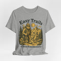 Easy Trails Close Encounters T-Shirt in Athletic Heather - retro Bigfoot alien hiking duo woodcut graphic tee, Barely Outdoorsy Bella Canvas 3001