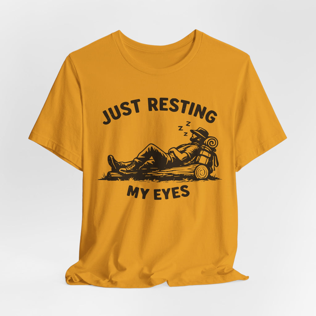 Just Resting My Eyes Tee flat lay Athletic Heather - unisex crew neck funny hiking graphic tee, Barely Outdoorsy