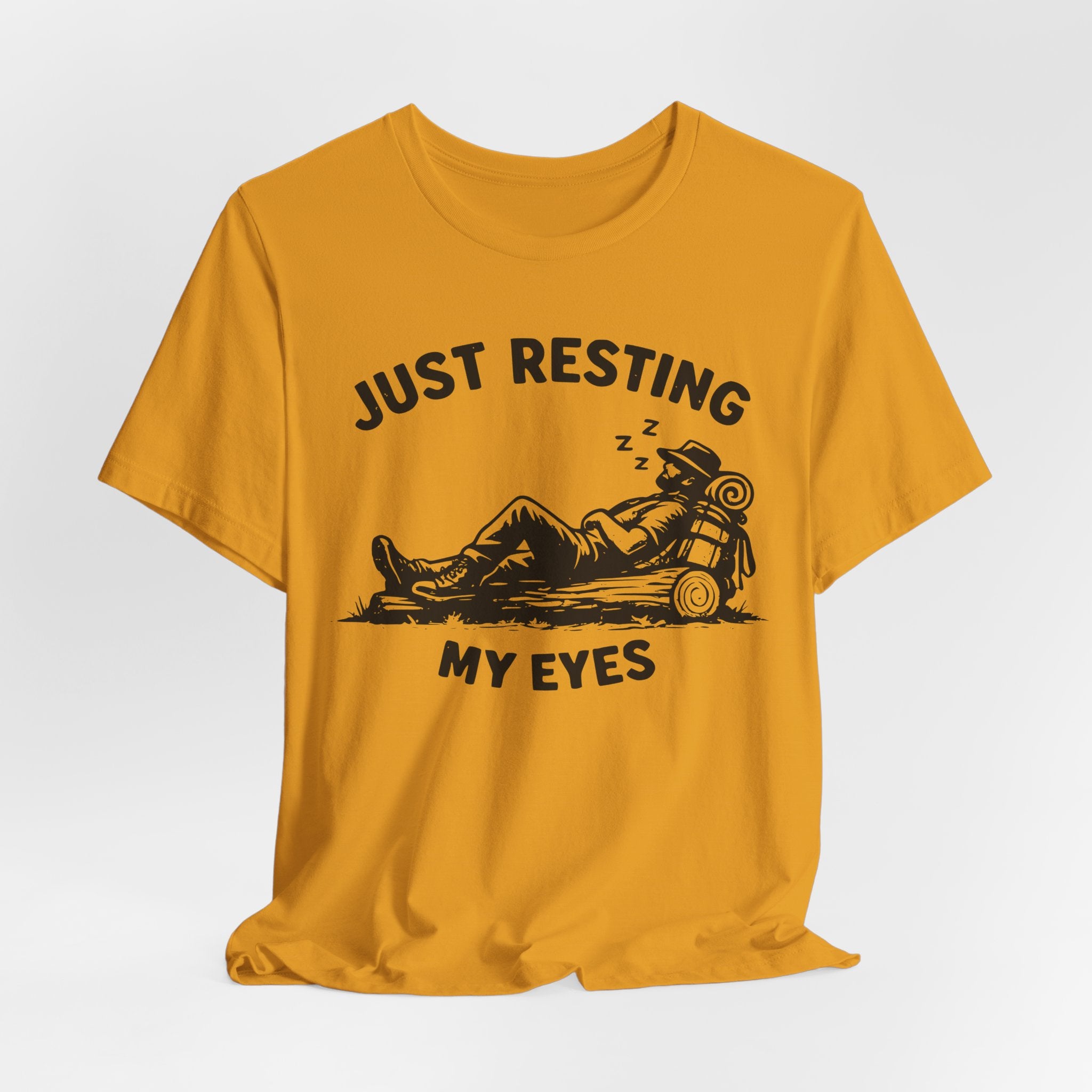 Just Resting My Eyes Tee flat lay Athletic Heather - unisex crew neck funny hiking graphic tee, Barely Outdoorsy