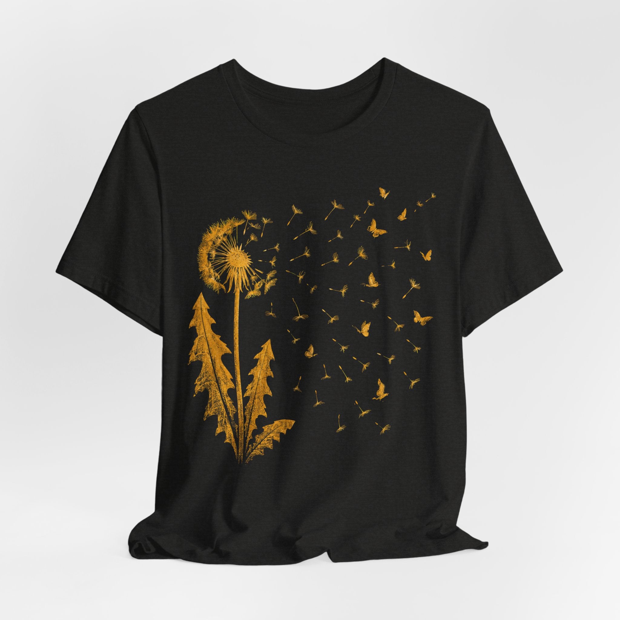 Dandelion Butterflies Wish T-Shirt in Black Heather - cottagecore dandelion butterfly graphic tee, Barely Outdoorsy Bella Canvas