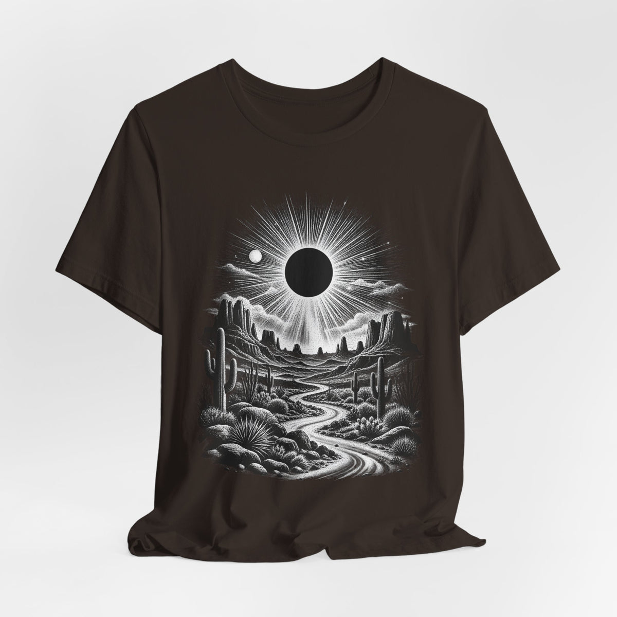 Desert Solar Eclipse T-Shirt in Black Heather - Southwest desert solar eclipse celestial graphic tee, Barely Outdoorsy