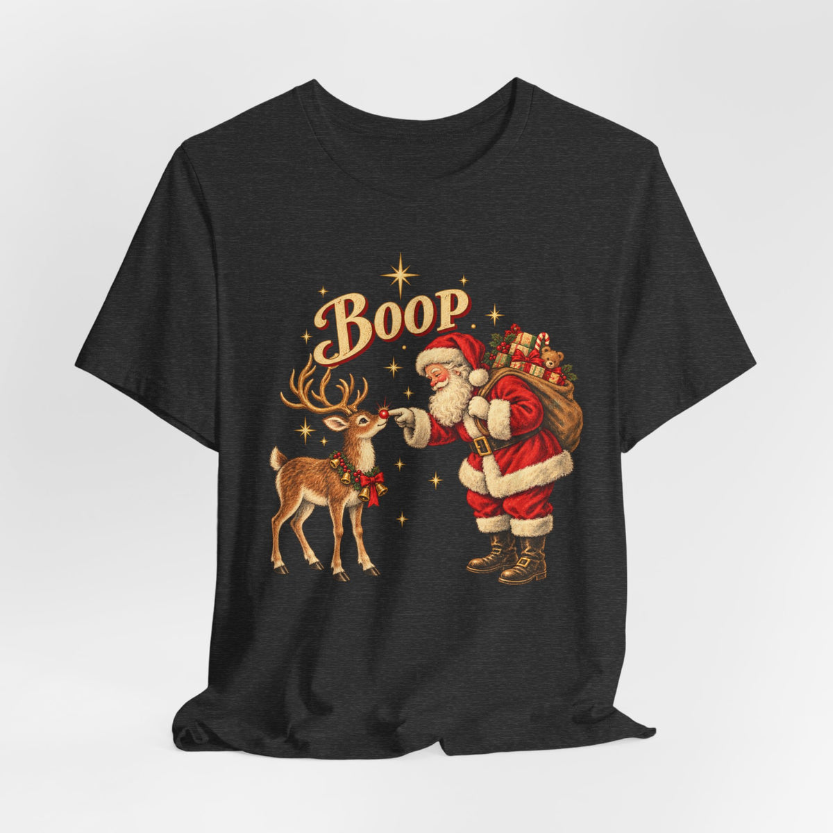 Santa Boop Reindeer Christmas T-Shirt in Heather Clay - funny Santa boop reindeer Christmas holiday graphic tee, Barely Outdoorsy