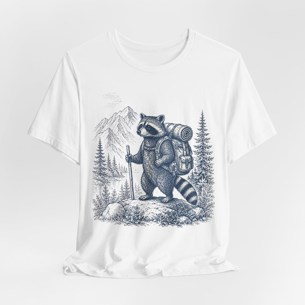 Backpacking Raccoon Hiking Tee in Pink - funny raccoon backpacking nature shirt, Barely Outdoorsy