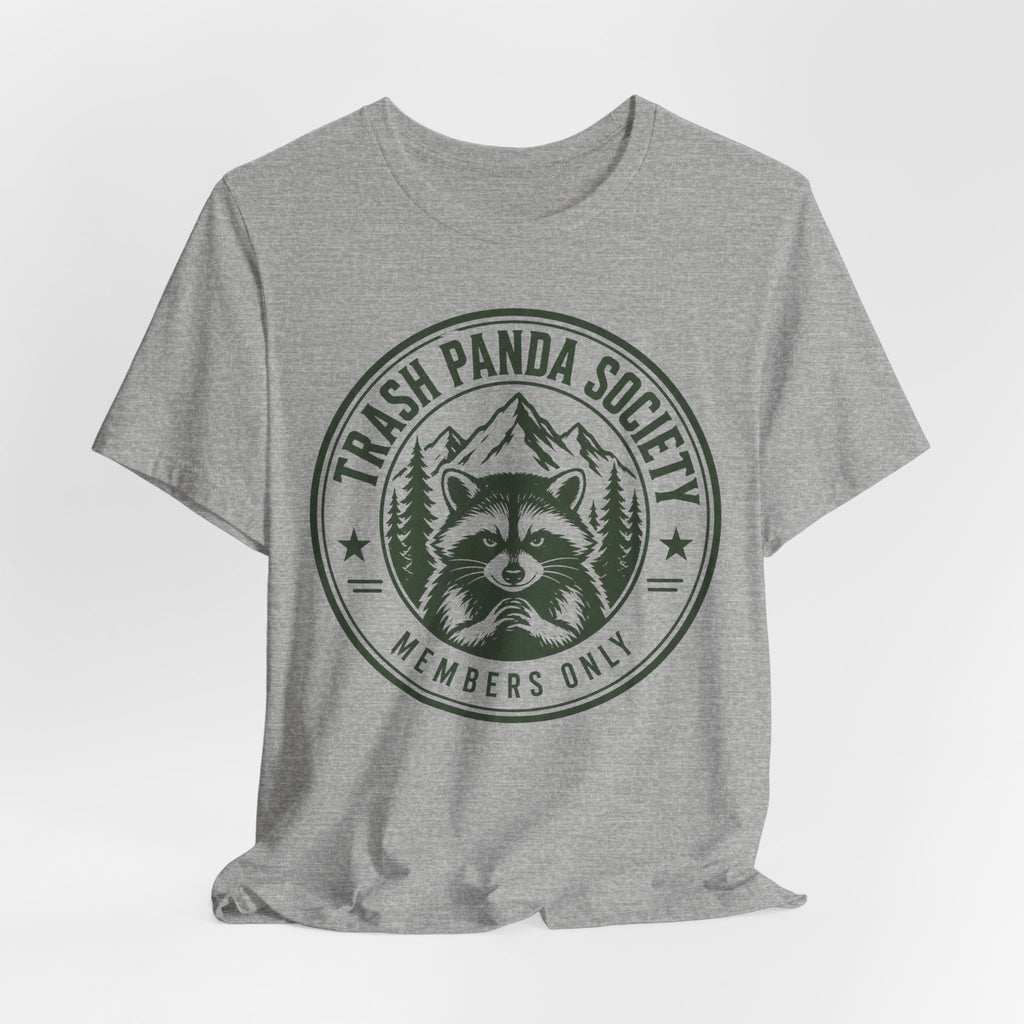 Trash Panda Society Tee flat lay Athletic Heather - unisex crew neck raccoon badge graphic tee, Barely Outdoorsy