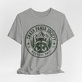 Trash Panda Society Tee flat lay Athletic Heather - unisex crew neck raccoon badge graphic tee, Barely Outdoorsy