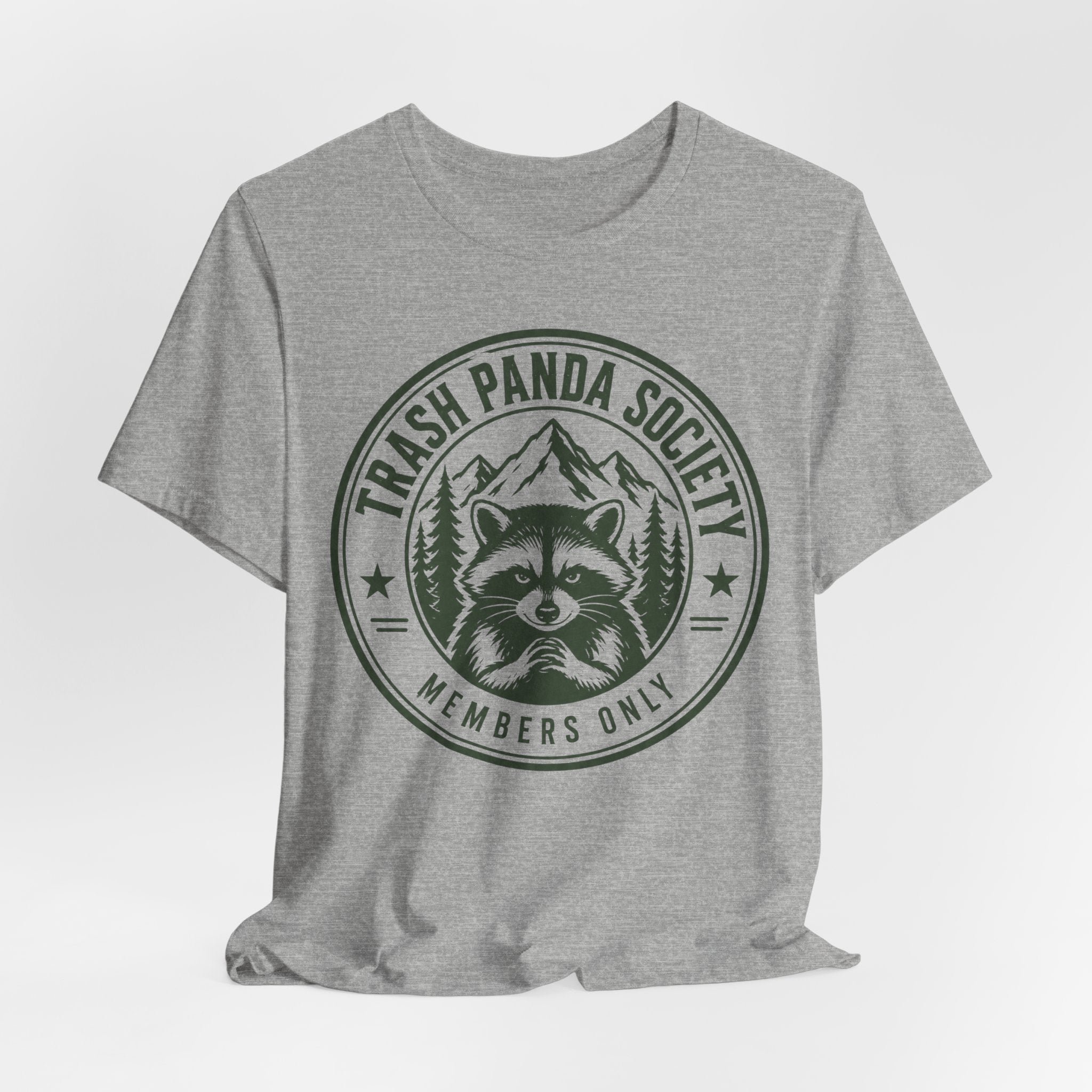 Trash Panda Society Tee flat lay Athletic Heather - unisex crew neck raccoon badge graphic tee, Barely Outdoorsy